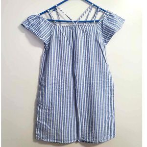 LUSH OFF-SHOULDER DRESS WITH STRAPS BLUE STRIPED SIZE XS